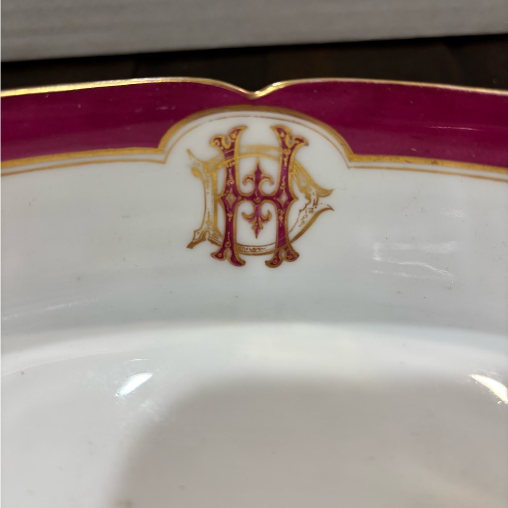 Elegant Porcelain Limoges Dinnerware Bowl with Magenta Rim and Gold Monogram